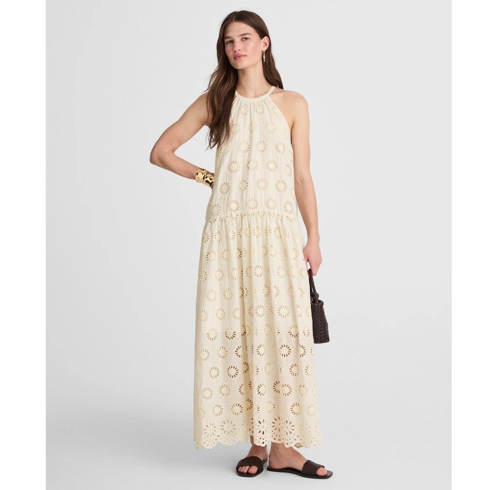 NWT Madewell Embroidered Drop Waist Maxi‎ Dress Floral Eyelet Womens XS Cream